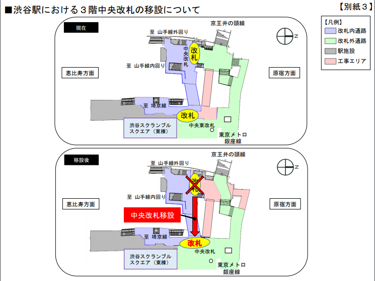 渋谷駅3階中央改札移設について