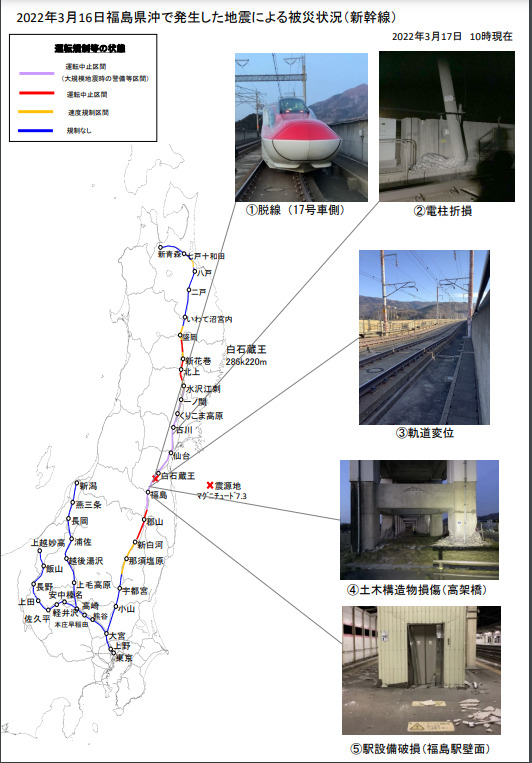 東北新幹線被災状況・速度規制区間を公開